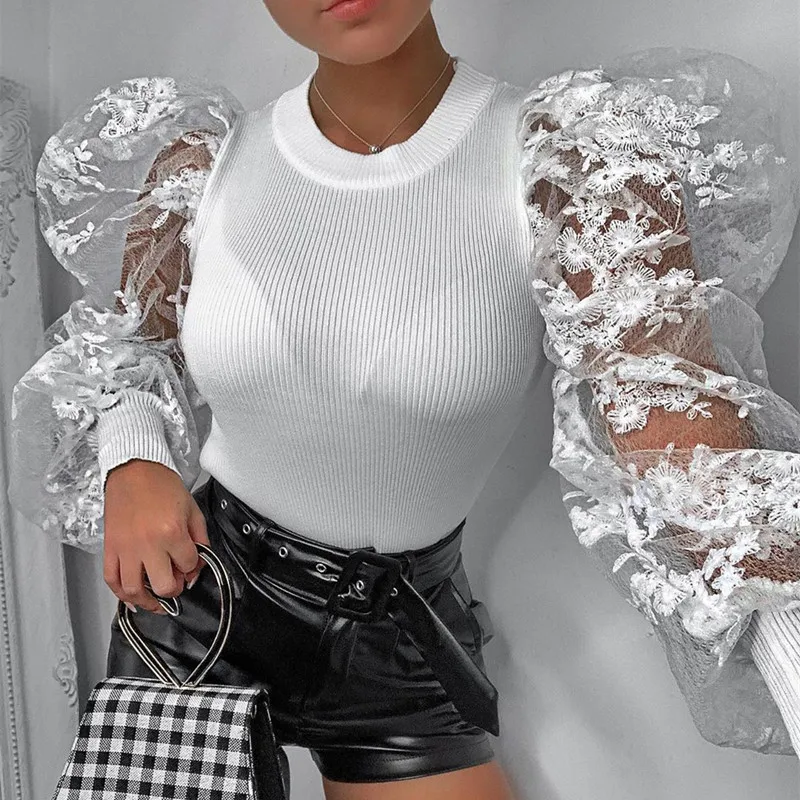 Patchwork Lace Puff Sleeve Blouse Shirts Women O Neck Fashion Autumn Rib Knitted White Sweater Tops Sexy Vintage Tees Shirts
Patchwork Lace Puff Sleeve Blouse Shirts Women O Neck Fashion Autumn Rib Knitted White Sweater Tops Sexy Vintage Tees Shirts
