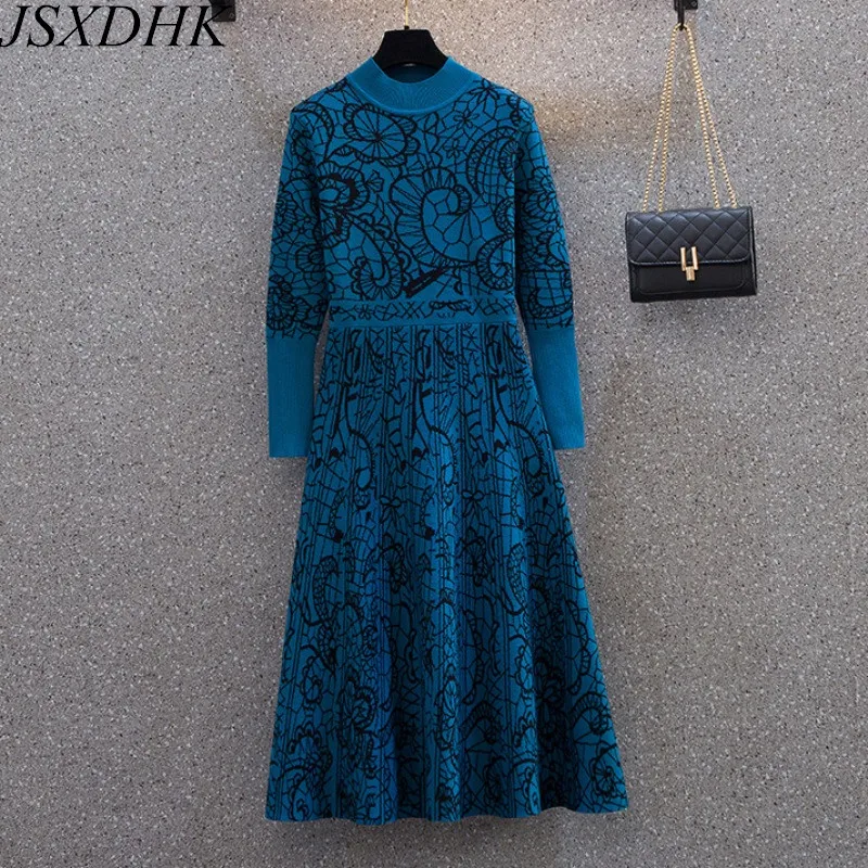 New Plus Size M-4XL Autumn Winter Warm Sweater Dress Elegant Women Stand Collar Flower Print Knitted High Waist Midi Dress Robe
New Plus Size M-4XL Autumn Winter Warm Sweater Dress Elegant Women Stand Collar Flower Print Knitted High Waist Midi Dress Robe