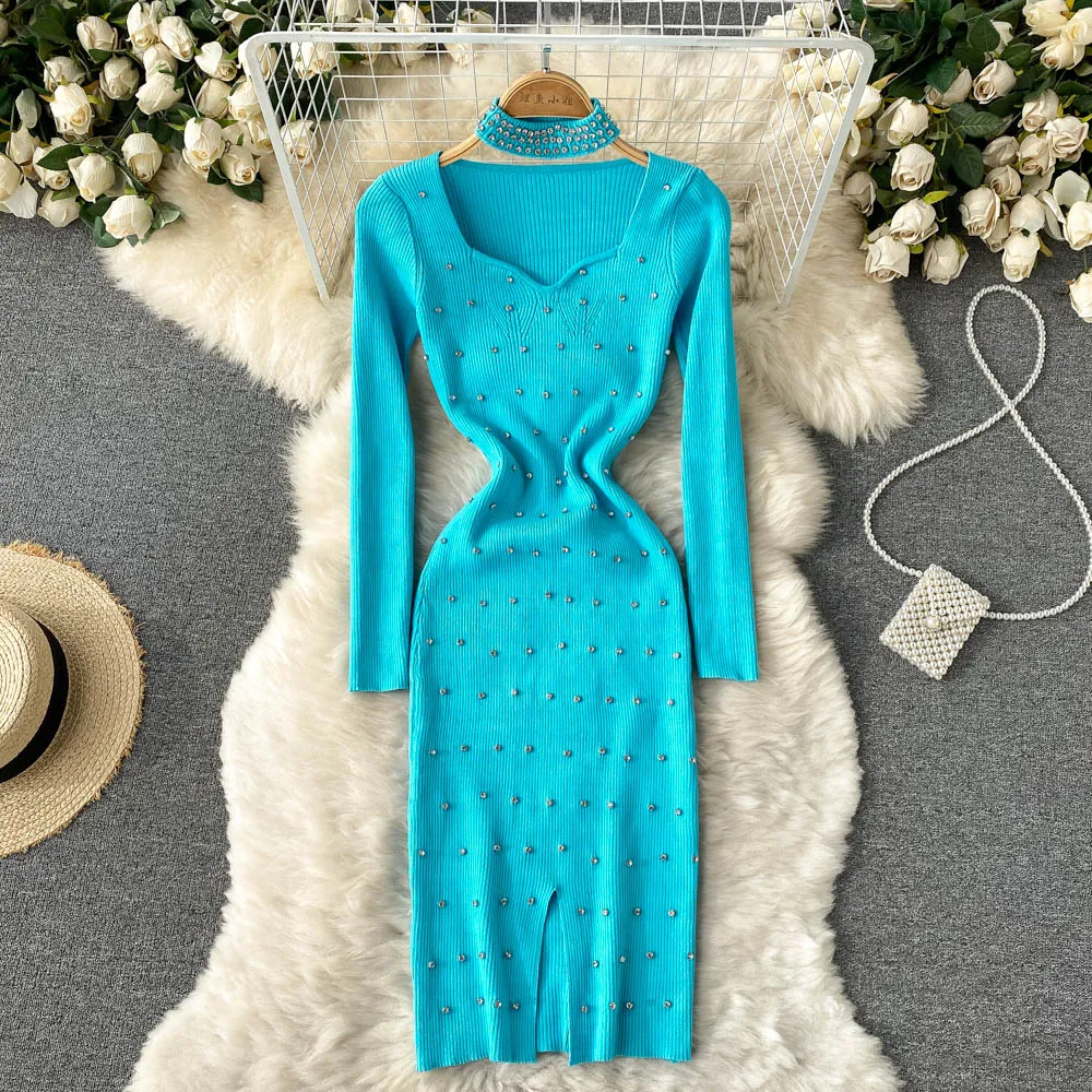 Design Diamonds Knit Dress Female Long Sleeve Elastic Slim Pencil Dress Sexy Bodycon Split Sweater Dress Autumn Winter
Design Diamonds Knit Dress Female Long Sleeve Elastic Slim Pencil Dress Sexy Bodycon Split Sweater Dress Autumn Winter