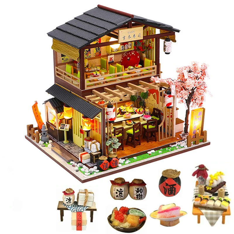 DIY Miniature Dollhouse Kit Vintage 3D Model Building Japanese Sushi Restaurant Birthday Gift Wooden Large Doll House Furniture
DIY Miniature Dollhouse Kit Vintage 3D Model Building Japanese Sushi Restaurant Birthday Gift Wooden Large Doll House Furniture