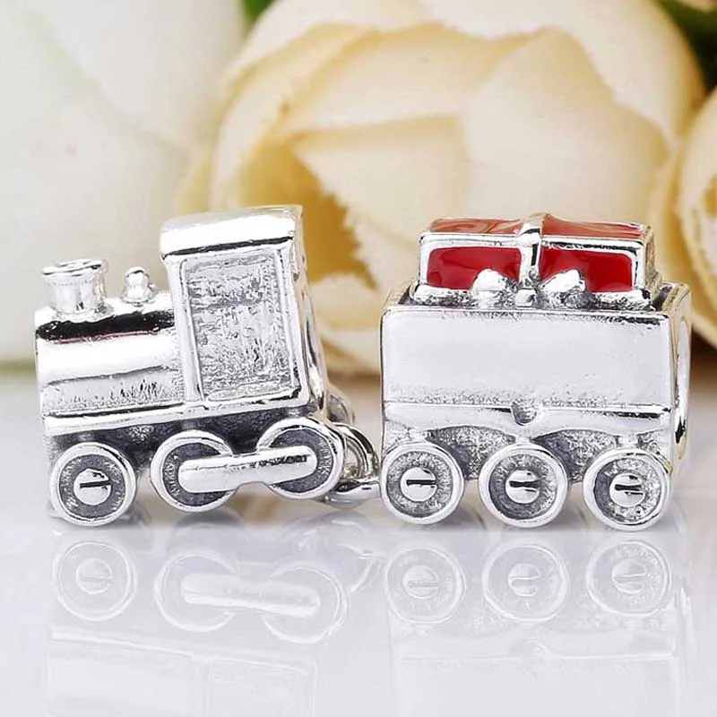 

Подвеска из серебра 925 пробы с красной эмалью, Рождественский поезд с подарочной коробкой, бусина подходит для оригинального браслета, ожерелья, ювелирных изделий своими руками