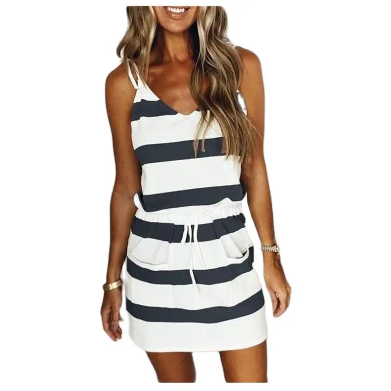 Women's Dress Fashion Loose Color Striped V-Neck Drawstring Pocket Suspender Dress Casual Beach Mini Sundress Summer
Women's Dress Fashion Loose Color Striped V-Neck Drawstring Pocket Suspender Dress Casual Beach Mini Sundress Summer