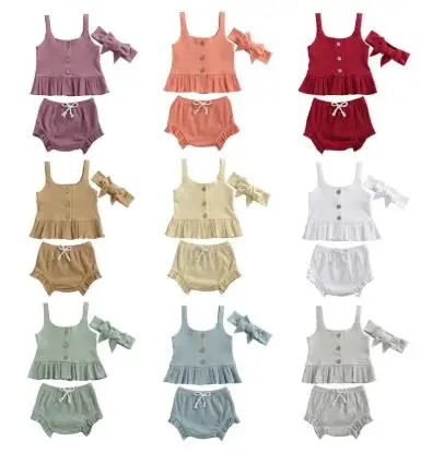 

New Summer 3Pcs Baby Girls Clothes Strap Crop Tops+Shorts+Headband Outfits Clothes Set 0-24M