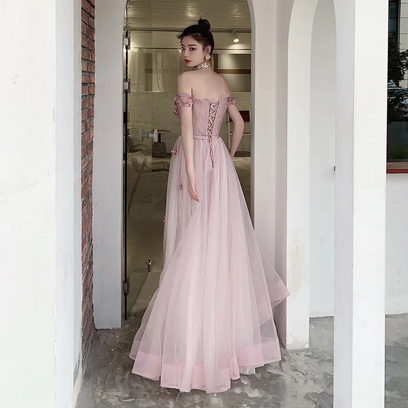 Kayars Pink Tulle Prom Dresses Floral Appliques Off Shoulder Robe De Soiree Long Gown for Women Party Special Occasion Dresses