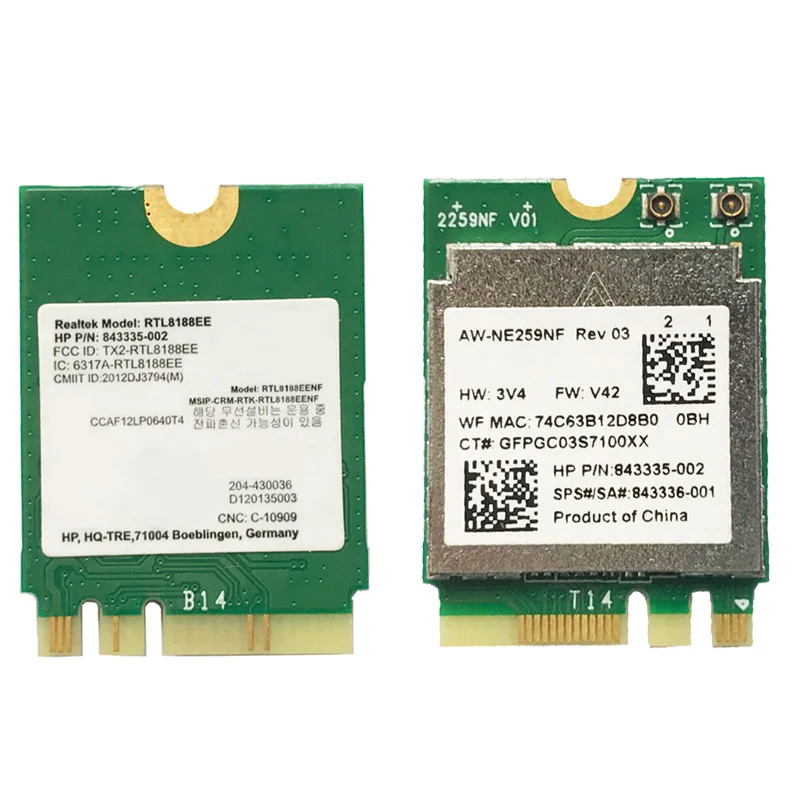 RTL8188EE AW-NE259NF 2.4G NGFF M2 802.11B/G/N SPS 843336-001 150Mpbs Wireless Network Card for Slimline 410 411 450 455
RTL8188EE AW-NE259NF 2.4G NGFF M2 802.11B/G/N SPS 843336-001 150Mpbs Wireless Network Card for Slimline 410 411 450 455