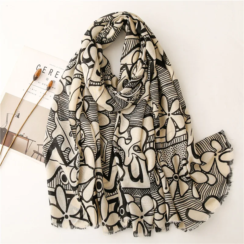 

Unique Design Floral Hijab Scarf Large Soft Cotton Foulard Fashion Element Print Shawl Neck Scarf