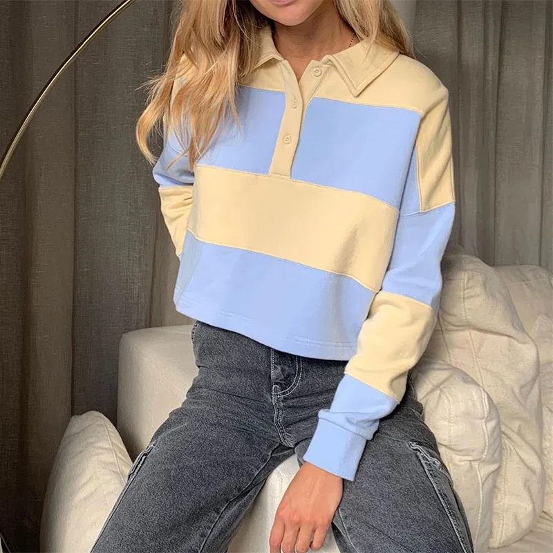 Polo Collar Pullover Stitching Color Loose Crop Top Sweatshirt Women 2020Autumn New Long Sleeve Fashion Streetwear Harajuku Tops
Polo Collar Pullover Stitching Color Loose Crop Top Sweatshirt Women 2020Autumn New Long Sleeve Fashion Streetwear Harajuku Tops