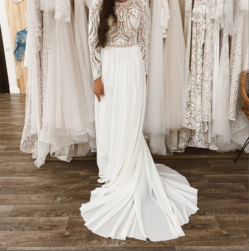 

Romantic Scoop Long Sleeve Bridal Gown A-Line Wedding Dress Chiffon Lace Backless Boho Hippie vestidos de mairee Wedding Dress