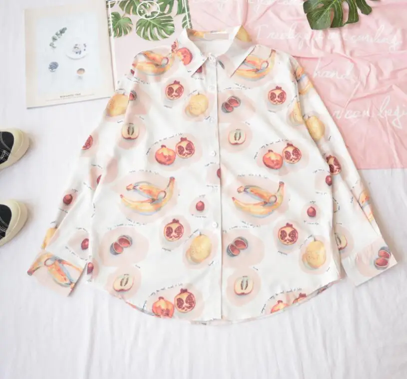 Женская шифоновая Свободная рубашка с длинным рукавом и принтом фруктов 
Женская шифоновая Свободная рубашка с длинным рукавом и принтом фруктов