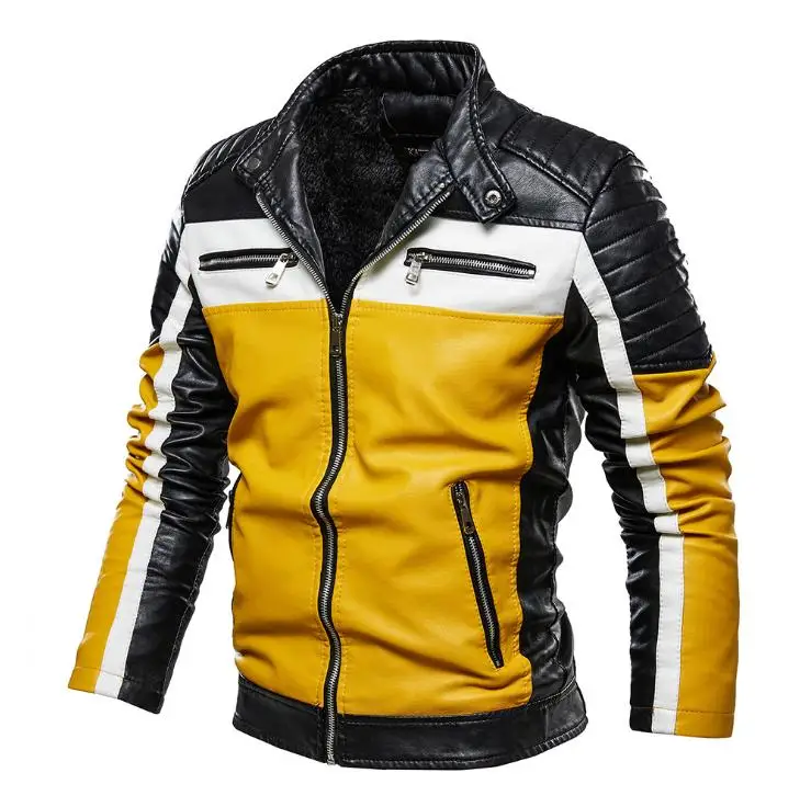 

Мужская кожаная куртка в стиле пэчворк, повседневная приталенная мотоциклетная куртка на молнии, осенне-зимняя байкерская куртка с бархатн...