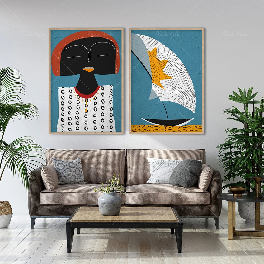 Modern Afro Woman Portrait, African Figurative Art, Abstract Set of Mama Africa and Sailing Boat, Yellow Blue Diptych, African
Modern Afro Woman Portrait, African Figurative Art, Abstract Set of Mama Africa and Sailing Boat, Yellow Blue Diptych, African