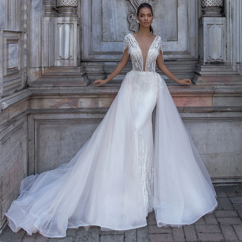 Luxury Wedding Dress Detachable 2 In 1 With Embroidered Tassel Bride Dress Sleeveless V-neck Back Backless Vestido De Casamento
Luxury Wedding Dress Detachable 2 In 1 With Embroidered Tassel Bride Dress Sleeveless V-neck Back Backless Vestido De Casamento