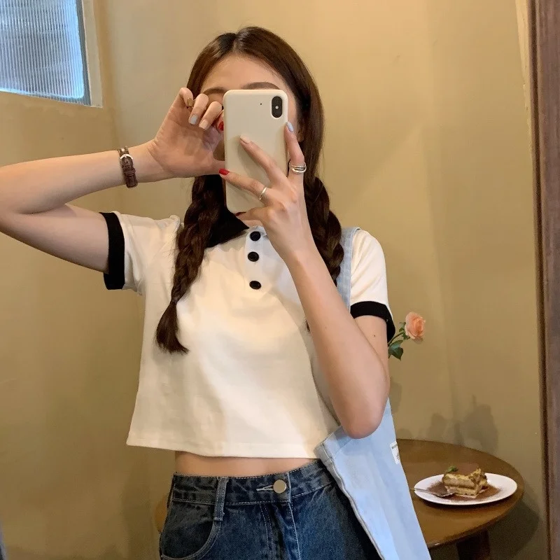 Polo Collar Contrast Color Trendy Preppy Style White Short-Sleeved T-shirt Female Ins Popular Net Red Navel Short Summer Top
Polo Collar Contrast Color Trendy Preppy Style White Short-Sleeved T-shirt Female Ins Popular Net Red Navel Short Summer Top