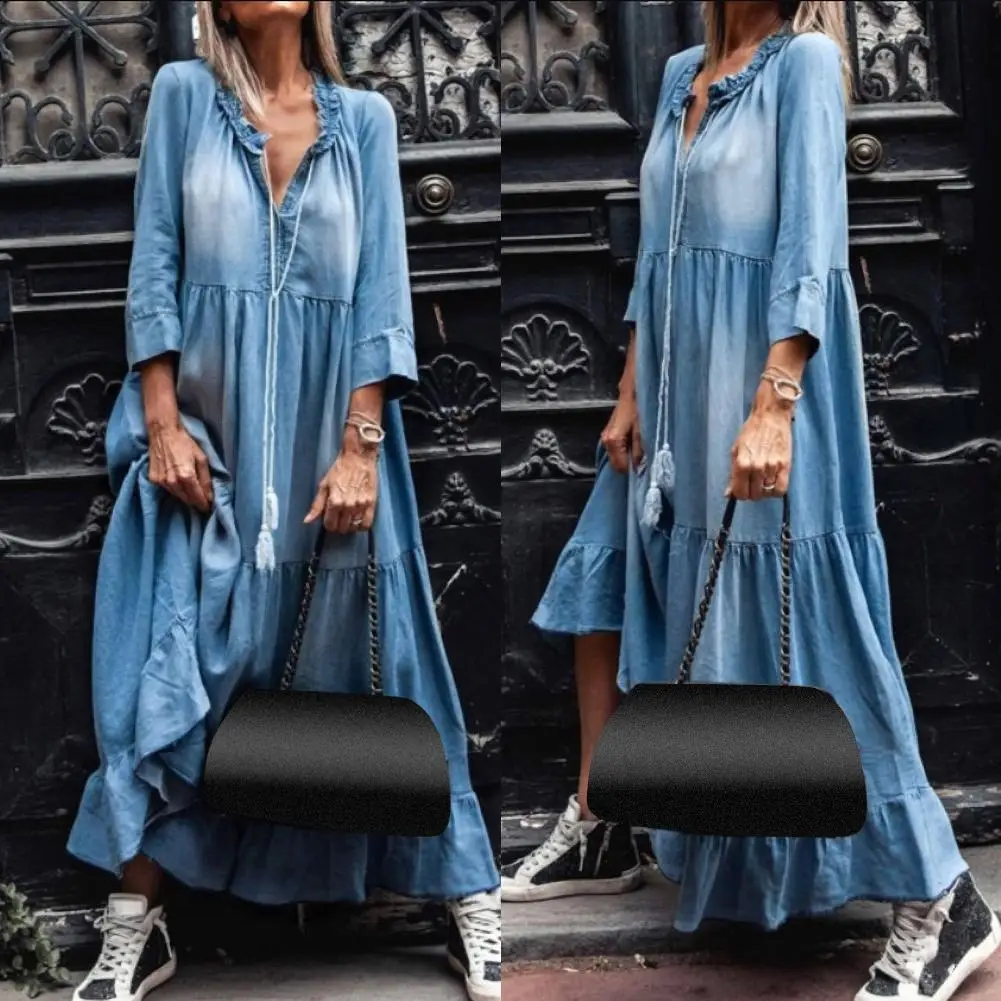 Vintage Autumn Women's Lace V Neck 3/4 Sleeve Large Hem Tassel Loose Maxi Denim Dress
Vintage Autumn Women's Lace V Neck 3/4 Sleeve Large Hem Tassel Loose Maxi Denim Dress