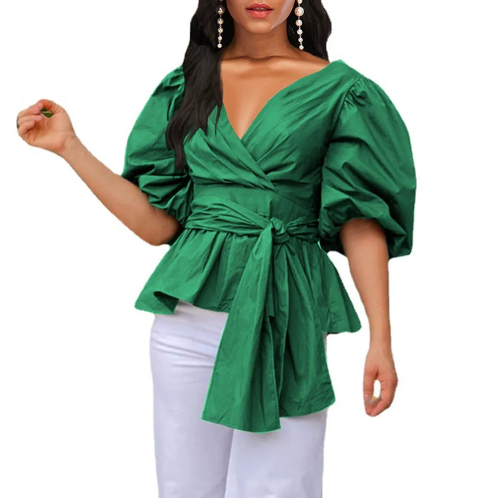 Autumn 2021 Solid Color V-neck Lantern Sleeve Fashion Women's Blouse Folds Bandage Ruffle Loose African Casual High Waist
Autumn 2021 Solid Color V-neck Lantern Sleeve Fashion Women's Blouse Folds Bandage Ruffle Loose African Casual High Waist
