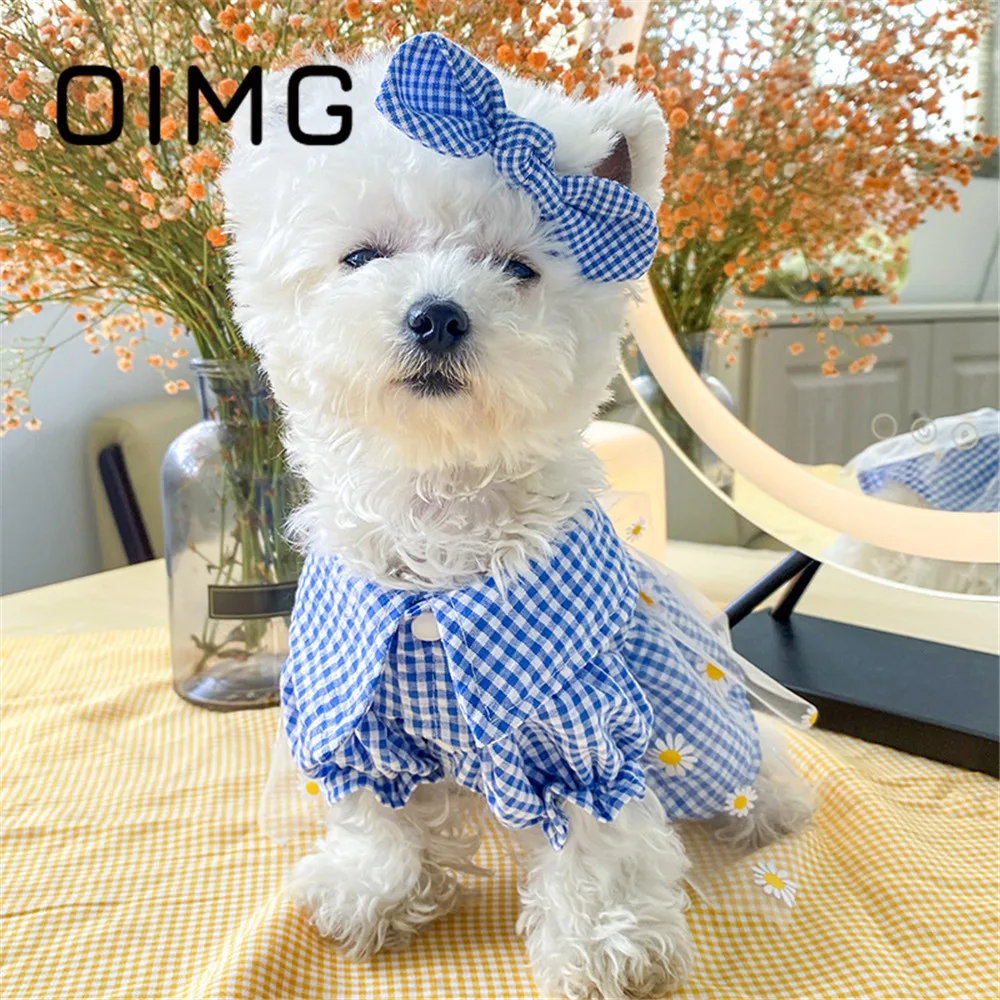 

OIMG 2022 Cute Clothes For Dogs Daisy Gauze Small Dogs Skirt Poodle Teddy Summer Princess Pet Cat Dress Blue Grid Puppy Dresses
