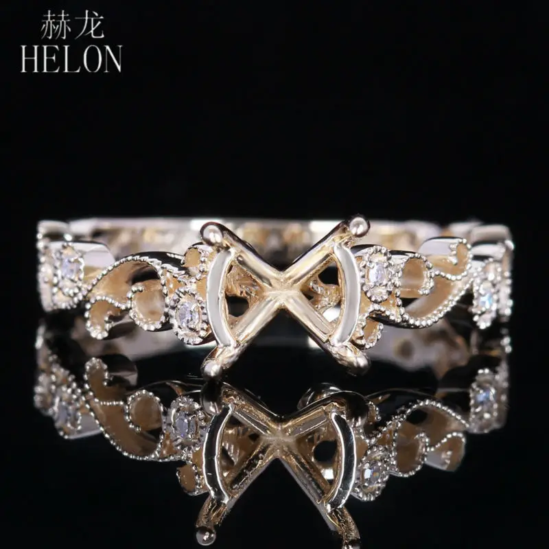 

HELON 7-8 мм круглый Solid 14 К желтого золота AU585 Природные Алмазы полу крепление кольцо для помолвки, свадьбы установка для женщин, хорошее ювелирное изделие