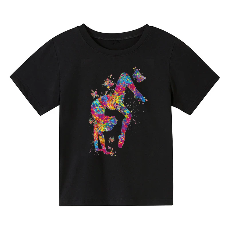 Акварельная футболка с художественным принтом гимнастики для маленьких девочек