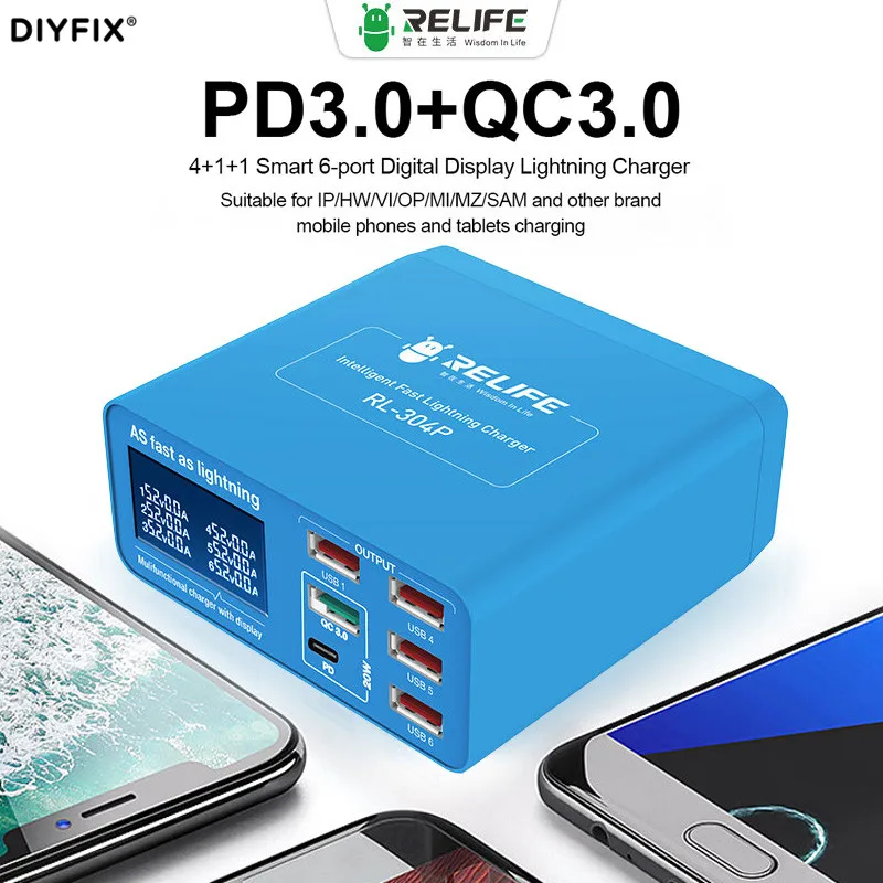 

Relife RL-304P PD3.0+QC3.0 Smart 6-Port Digital Display Lightning Charger For Mobile Phone iPad Tablet Earphone Fast Charge Tool