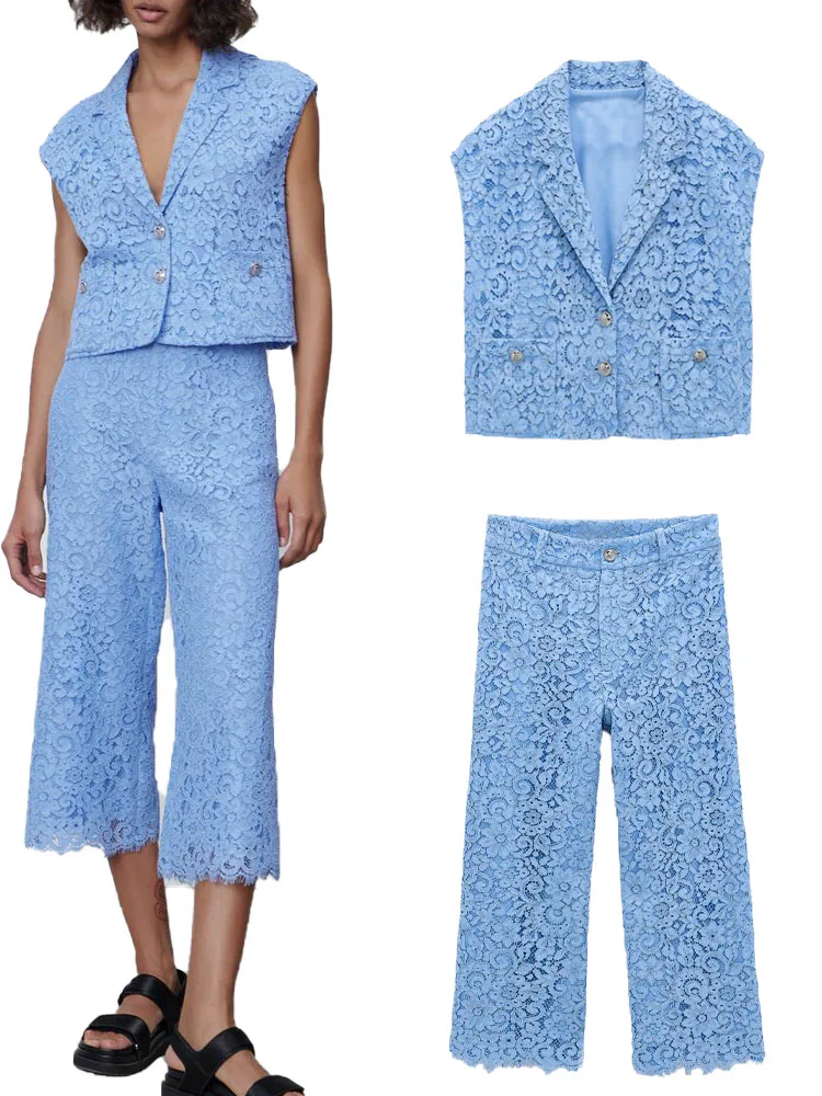 spring new women's all-match lace short waistcoat vest + seven-point lace wide tube high-waist cropped trousers suit
spring new women's all-match lace short waistcoat vest + seven-point lace wide tube high-waist cropped trousers suit