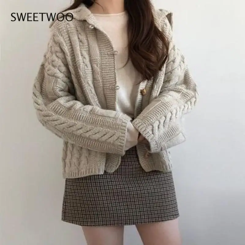 Винтажный вязаный кардиган, свободные однобортные свитера с длинным рукавом, Осень-зима 2021, модные повседневные топы с узором 
Винтажный вязаный кардиган, свободные однобортные свитера с длинным рукавом, Осень-зима 2021, модные повседневные топы с узором