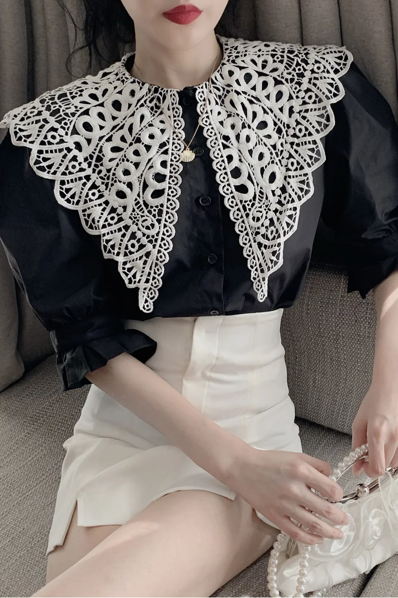 COIGARSAM Short Shirt Womens tops Summer Lace Peter pan Collar Puff Sleeve Women shirts Black 9385
COIGARSAM Short Shirt Womens tops Summer Lace Peter pan Collar Puff Sleeve Women shirts Black 9385