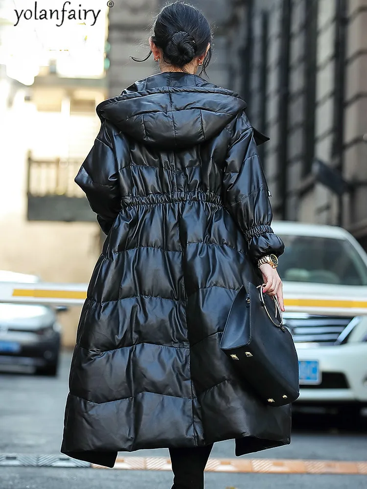 Женская длинная пуховая куртка из натуральной кожи с капюшоном|Кожаные куртки| |