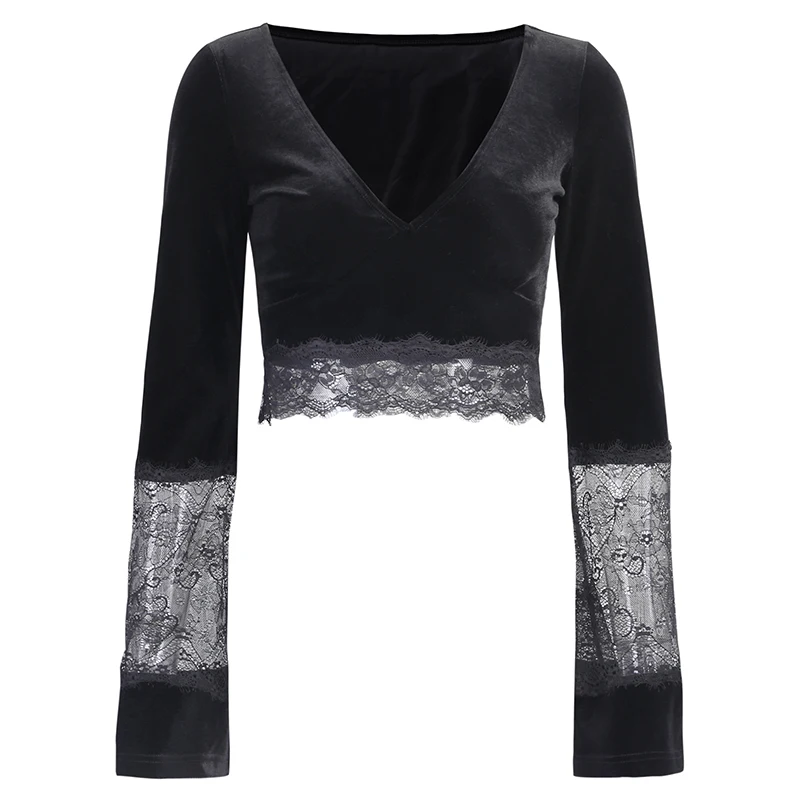 Sexy Women Crop Top Flare Long Sleeve Lace Hollow Out Black T-shirt Gothic Retro Bodycon Female V-neck Tops Elegant Top
Sexy Women Crop Top Flare Long Sleeve Lace Hollow Out Black T-shirt Gothic Retro Bodycon Female V-neck Tops Elegant Top