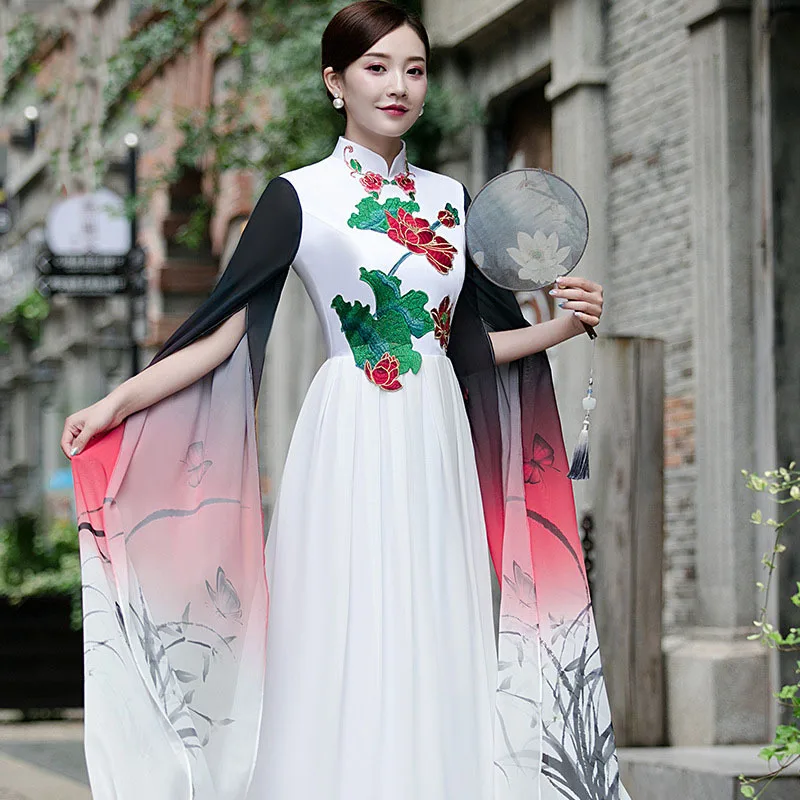 Sweet Flare Sleeve Print Flower Chinese Traditional Qipao Slim Stand Collar Chiffen Skirt Cheongsam Embroidery Mother Prom Gown
Sweet Flare Sleeve Print Flower Chinese Traditional Qipao Slim Stand Collar Chiffen Skirt Cheongsam Embroidery Mother Prom Gown
