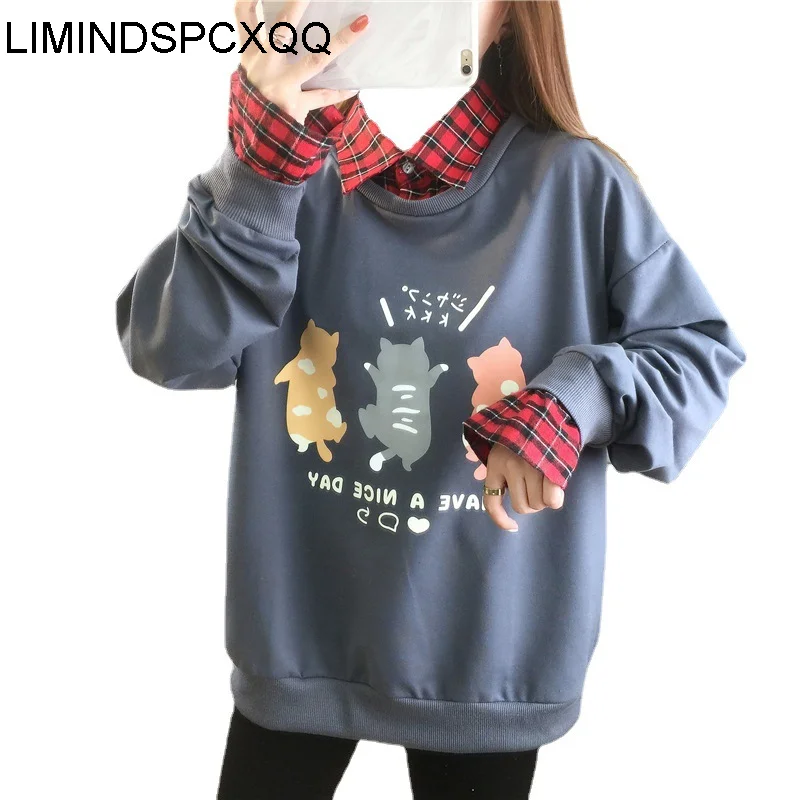 2021 Women Kawaii Cartoon Printed Sweatshirts Autumn Plaid Patchwork Female Long Sleeve Thin Casual Black Fake Two Pullovers
2021 Women Kawaii Cartoon Printed Sweatshirts Autumn Plaid Patchwork Female Long Sleeve Thin Casual Black Fake Two Pullovers