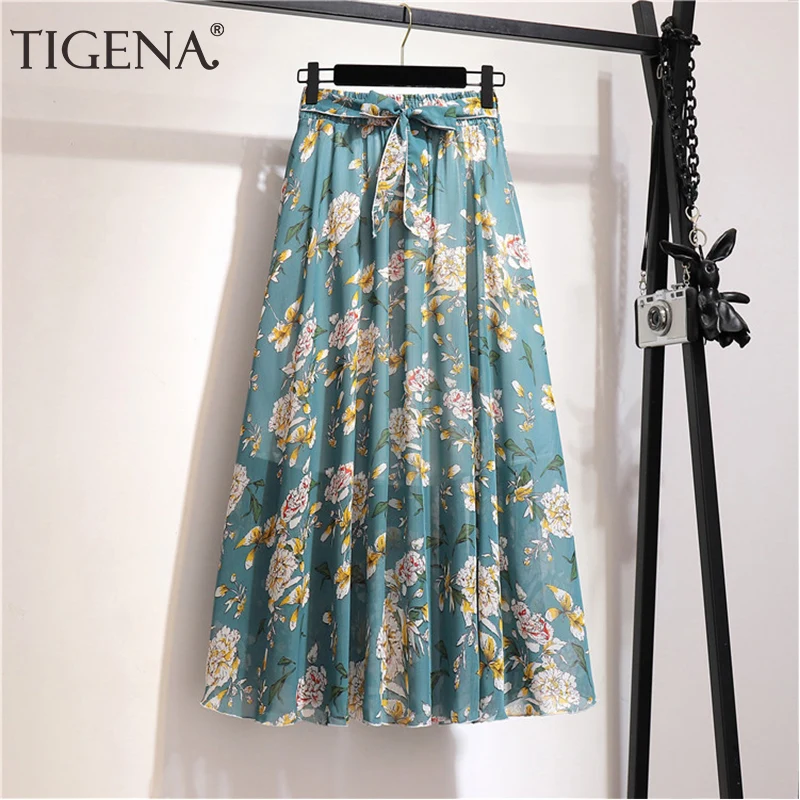Женская длинная шифоновая юбка с цветочным принтом TIGENA плиссированная трапеция