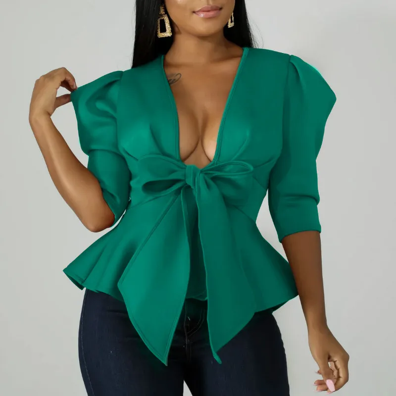 Women Peplum Blouse Tops with Waist Belt Bowtie Half Sleeves Deep V Neck Sexy Party Clubwear Night Date Out Evening Bluas Ladies
Women Peplum Blouse Tops with Waist Belt Bowtie Half Sleeves Deep V Neck Sexy Party Clubwear Night Date Out Evening Bluas Ladies