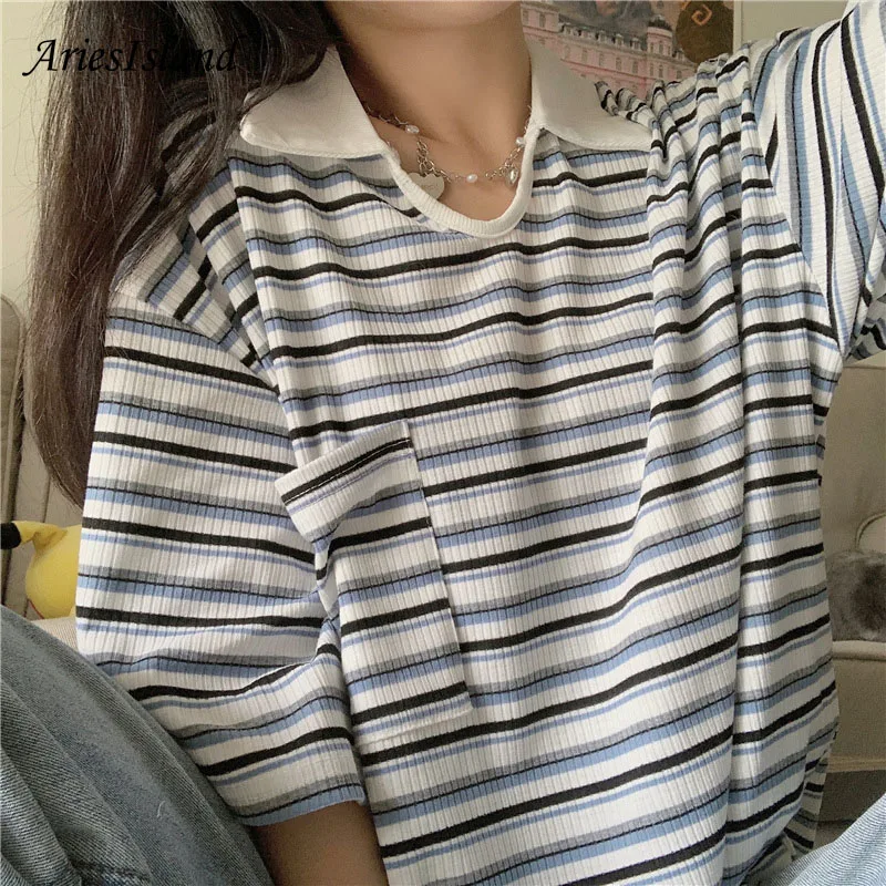 Harajuku Polo collar Pocket Stripe Short sleeve T-shirt Korean fashion Loose ins Summer Oversized Women's T shirt Casual Female
Harajuku Polo collar Pocket Stripe Short sleeve T-shirt Korean fashion Loose ins Summer Oversized Women's T shirt Casual Female
