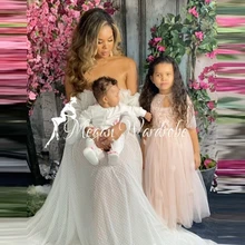Sexy Bridal White Long Tulle Maternity Robes For Women Photo Shoot Off Shoulder Wave Point Tulle Dresses Baby Shower Wear Kleid