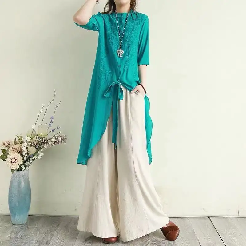 Retro Literary Cotton AndLlinen Shirt Women's Summer Short-Sleeved Shirt Embroidered Solid Color All-Match Shirt Front Short And
Retro Literary Cotton AndLlinen Shirt Women's Summer Short-Sleeved Shirt Embroidered Solid Color All-Match Shirt Front Short And