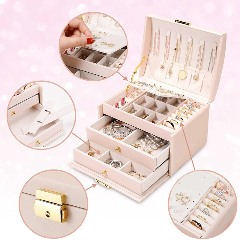 Women's Jewelry Box 3 Layer Medium Sized Jewelry Storage Box with Lock Portable Travel Jewelry Case for Bracelets Rings
Women's Jewelry Box 3 Layer Medium Sized Jewelry Storage Box with Lock Portable Travel Jewelry Case for Bracelets Rings