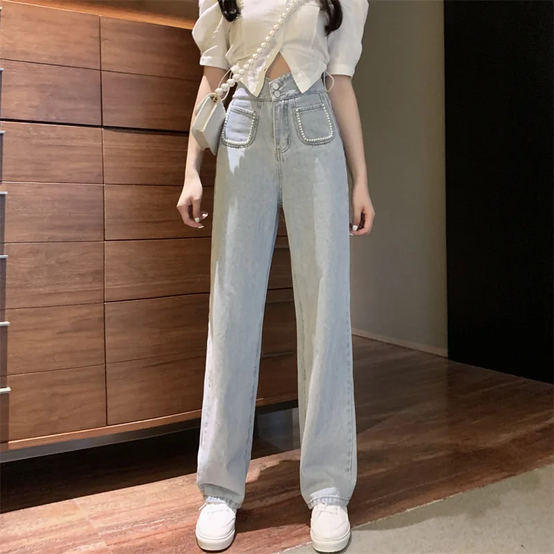 Fashion High Waist Women Jeans Vintage Pearls Straight Jeans Female Slim Denim Pants
Fashion High Waist Women Jeans Vintage Pearls Straight Jeans Female Slim Denim Pants