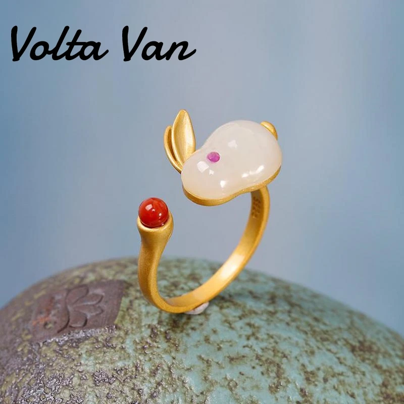 

Volta Van 2022 New 925 Sterling Silver Women Rings Jade Fine Jewelry Elegant Cute Rabbit Concise Fashion Design Opening Ring