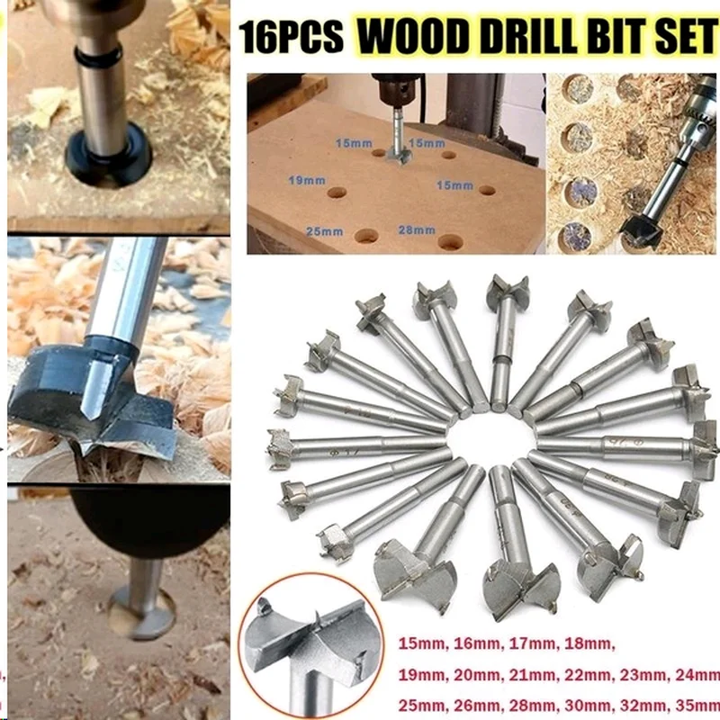 16PCS set Forstner tips Drill Bit Woodworking tool Hole Saw Cutter Hinge Boring drill bits Round Shank Tungsten Carbide Cutter
16PCS set Forstner tips Drill Bit Woodworking tool Hole Saw Cutter Hinge Boring drill bits Round Shank Tungsten Carbide Cutter