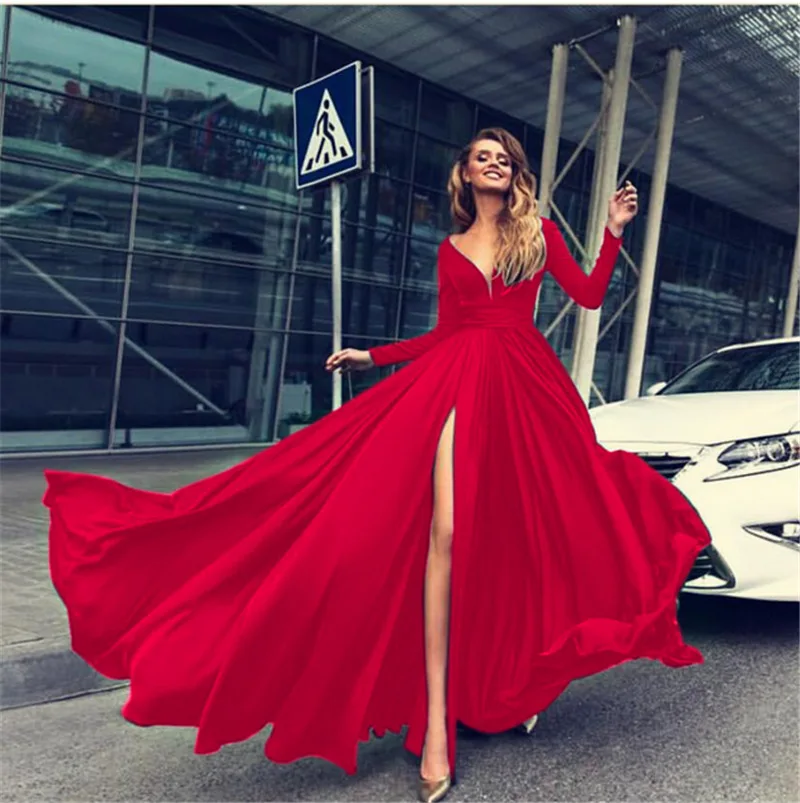 

Evening Beach Party Solid Color Sundress Ladies Autumn Long Sleeve V-Neck Extra Long Split Dress