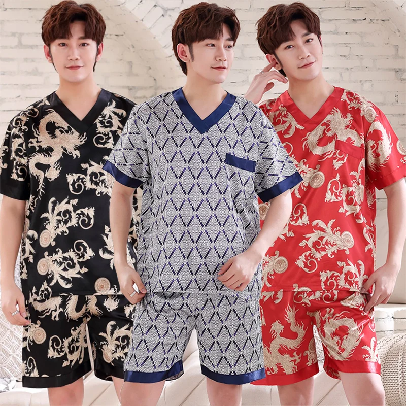 2021 Summer Silk Satin Short Sleeve V-neck Pajama Sets for Men Thin Sleepwear Suit Pyjama Male Lounge Wear Homewear Home Clothes
2021 Summer Silk Satin Short Sleeve V-neck Pajama Sets for Men Thin Sleepwear Suit Pyjama Male Lounge Wear Homewear Home Clothes