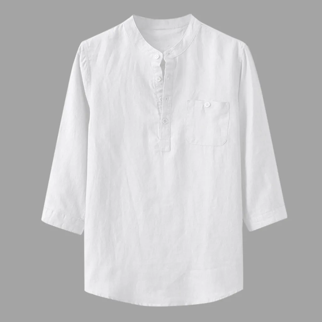 

Рубашка мужская с V-образным вырезом, хлопково-Льняная сорочка с карманами, на пуговицах, Повседневная пляжная блуза в винтажном стиле, большие размеры, осень-лето 2022