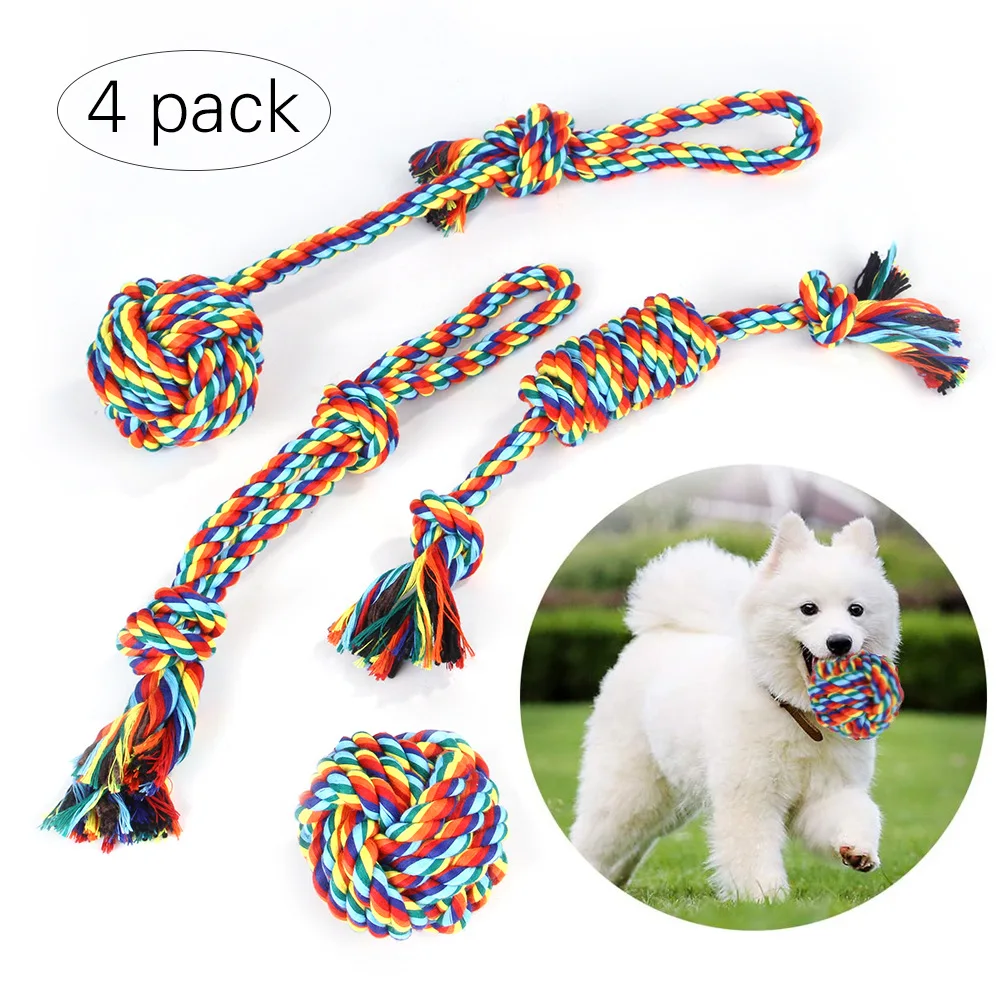 

4pcs/set Pet Molar Supplies Rainbow Cotton Rope Toy Set Tough Dog Toys for Aggressive Chewers Large Breed Teething Chew Tug Toy