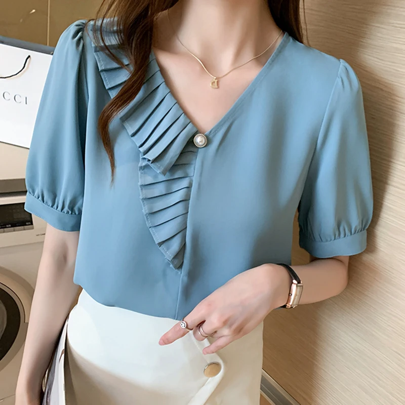 Shintimes Ruffles V-Neck Chiffon Women Blouse Pullover Casual Puff Sleeve Short 2021 Summer Tops Woman Shirts Chemisier Femme
Shintimes Ruffles V-Neck Chiffon Women Blouse Pullover Casual Puff Sleeve Short 2021 Summer Tops Woman Shirts Chemisier Femme