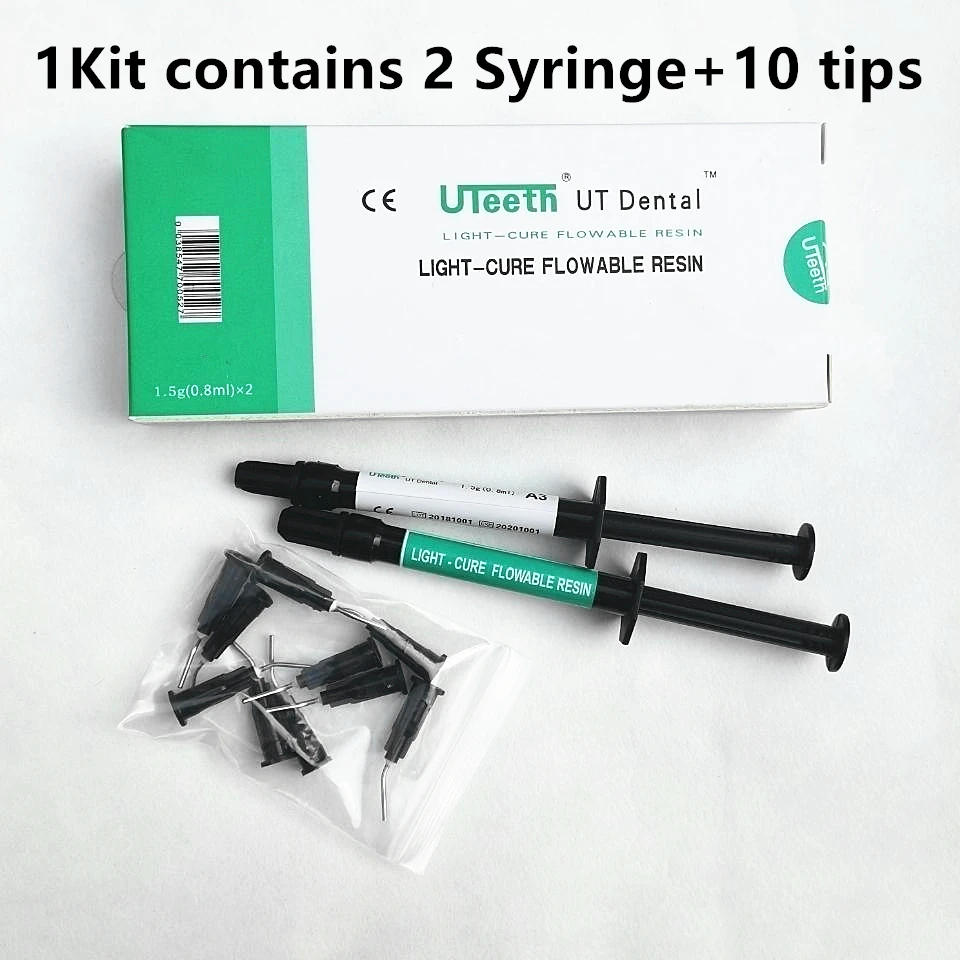 

UT Dental Flowable Composite Resin Light Cure 2 Syringe Kit A1 A2 A3 Color Shade Flow Dispensing Tip Teeth Aesthetic Restoration