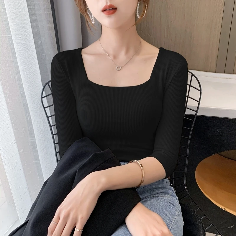 2021 Spring and summer Square collar short-sleeved thread bottoming shirt women's bottoming shirt loose mid-sleeved t-shirt
2021 Spring and summer Square collar short-sleeved thread bottoming shirt women's bottoming shirt loose mid-sleeved t-shirt