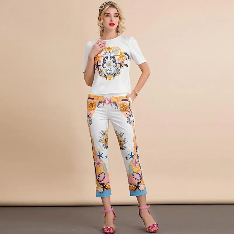 2021 New Designer Summer Fashion Two Piece Set Women's White Print Blouse and High waist Pants Suits
2021 New Designer Summer Fashion Two Piece Set Women's White Print Blouse and High waist Pants Suits