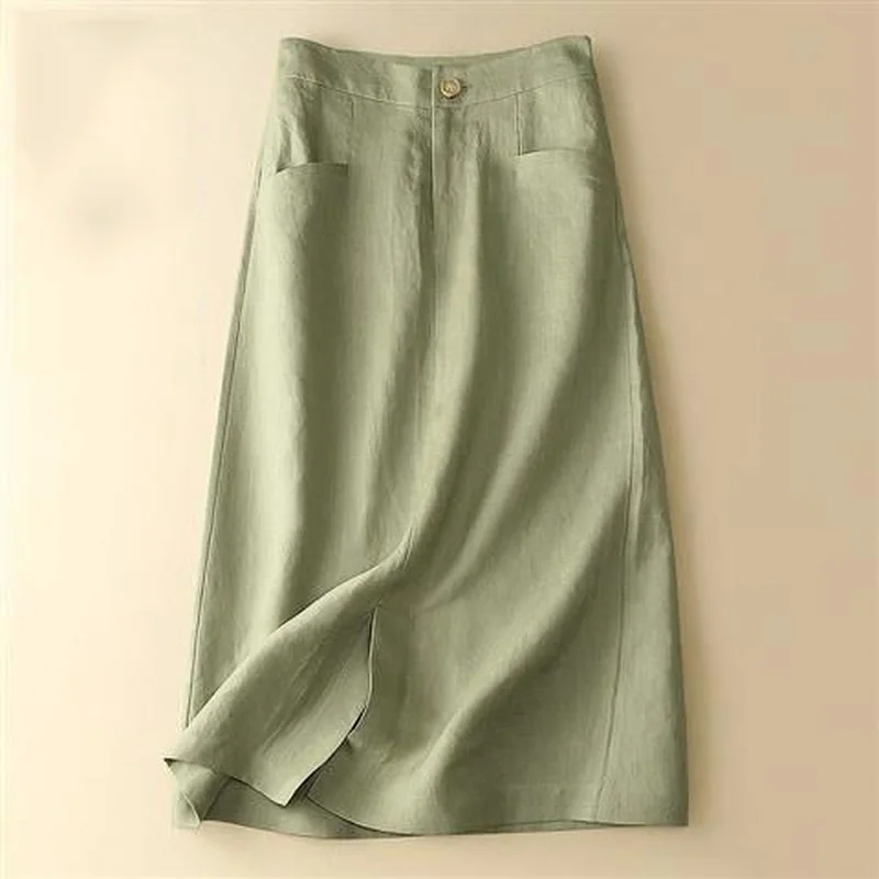 Cotton Linen Green Women Skirts Summer Vintage Solid Empire Knee-Length Office Lady All Match Clothing Top Quality 
Cotton Linen Green Women Skirts Summer Vintage Solid Empire Knee-Length Office Lady All Match Clothing Top Quality