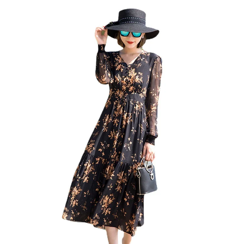 Heavy Silk Dress 2021 Summer New Style Elegant Temperament Printed Long-Sleeved Mulberry Silk Elastic Waist Midi Skirt YH2098
Heavy Silk Dress 2021 Summer New Style Elegant Temperament Printed Long-Sleeved Mulberry Silk Elastic Waist Midi Skirt YH2098