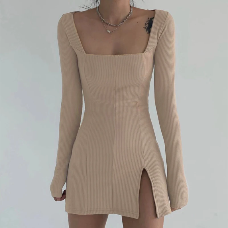 Elegant Square Neck Ribbed Black Dress Female Knitted Side Split Bodycon Dress Long Sleeve Fashion Mini Dresses Basic dropship
Elegant Square Neck Ribbed Black Dress Female Knitted Side Split Bodycon Dress Long Sleeve Fashion Mini Dresses Basic dropship